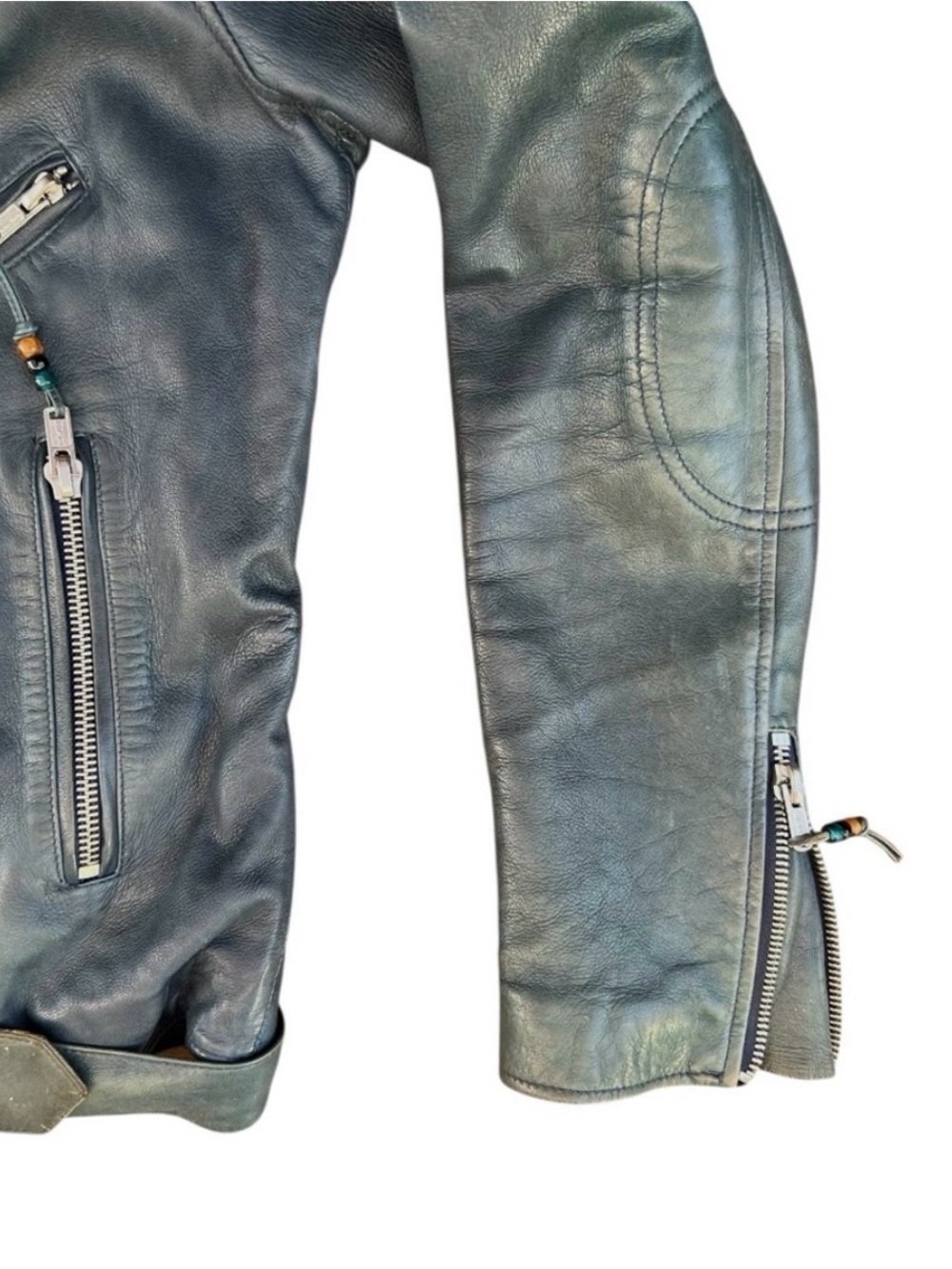 Men's Blue Leather Biker Jacket - Classic Moto Style - Picture 4 of 10